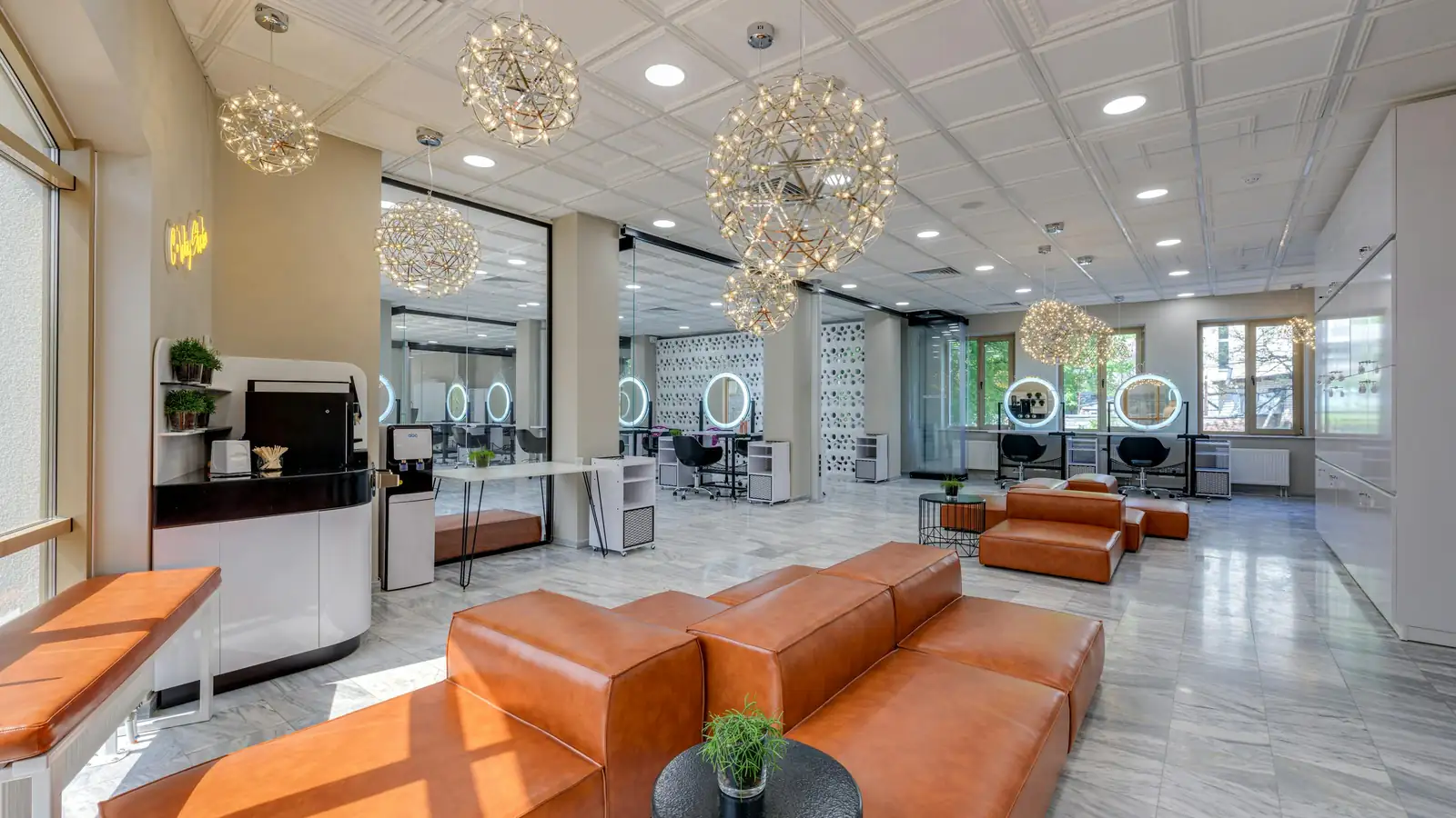 Luxury beauty salon interior at night